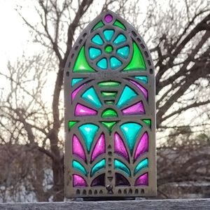 H H Japan Stained Glass Window Metal Candle Holder